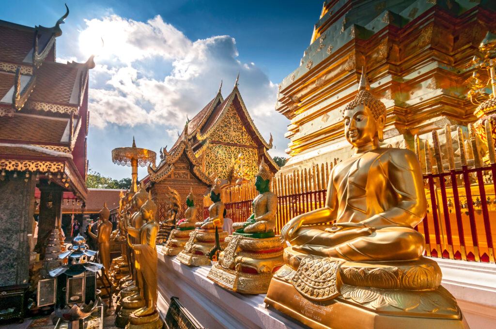 Line of Golden Buddhas at Wat Phrathat Doi Suthep Chiang Mai Thailand.