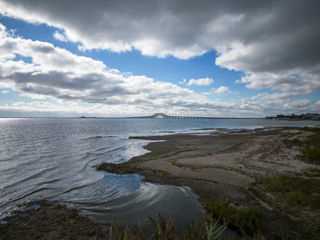 Looking west at the Great South Bay and bridges from the wetlands at Gardiners Park