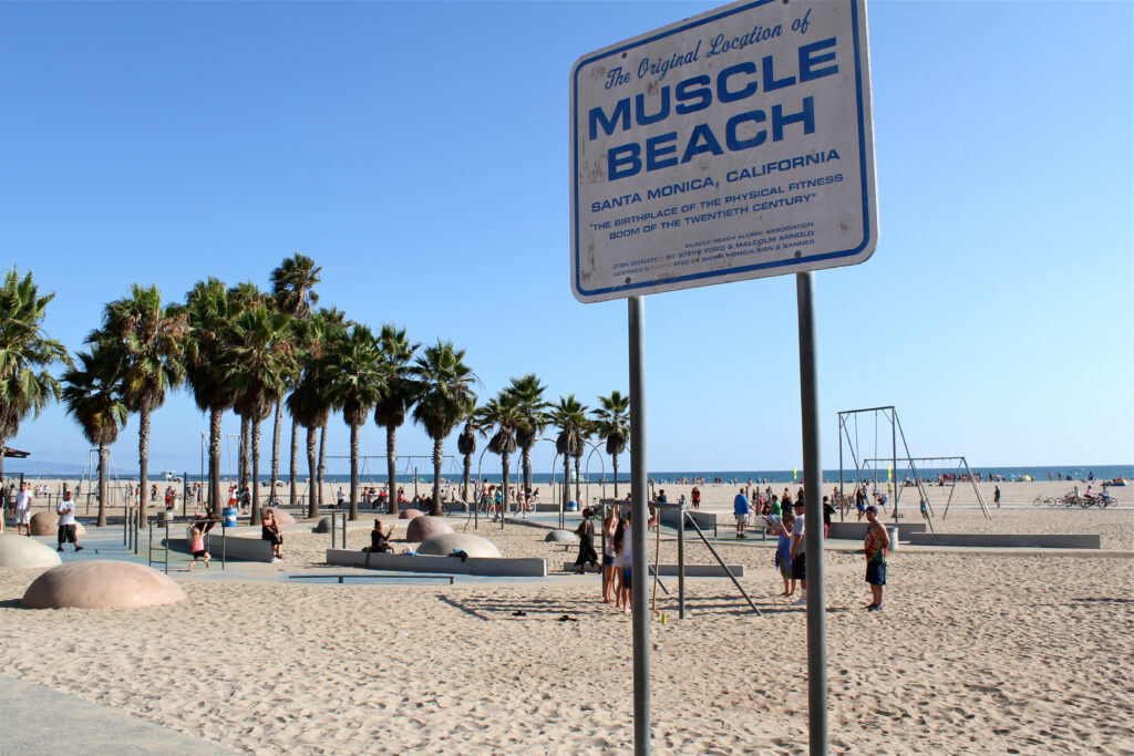 Los Angeles, USA - July 30, 2017: Sign on the beach declairing "Muscle Beach" at Venice beach