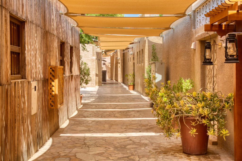 Old Dubai. Traditional Arabic streets in historical Al Fahidi district, Al Bastakiya. Dubai, United Arab Emirates.