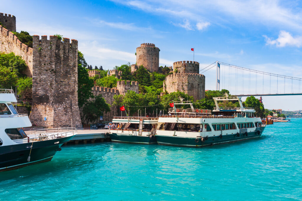 Panoramic view of Istanbul. Panorama cityscape of famous tourist destination Bosphorus strait channel. Travel landscape Bosporus, Turkey, Europe and Asia.