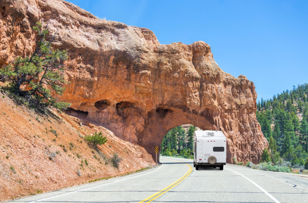 Scenic road in Bryce canyon with motorhome in Utah, USA