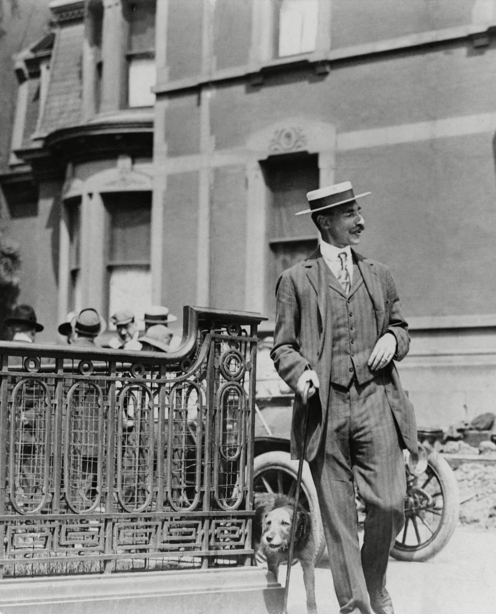 John Jacob Astor IV (1864-1912), walking his dog. He was a talented aristocrat who engaged in business, inventing, writing and reached the rank of lieutenant colonel in the Spanish-American War. He perished on the Titanic in 1912.