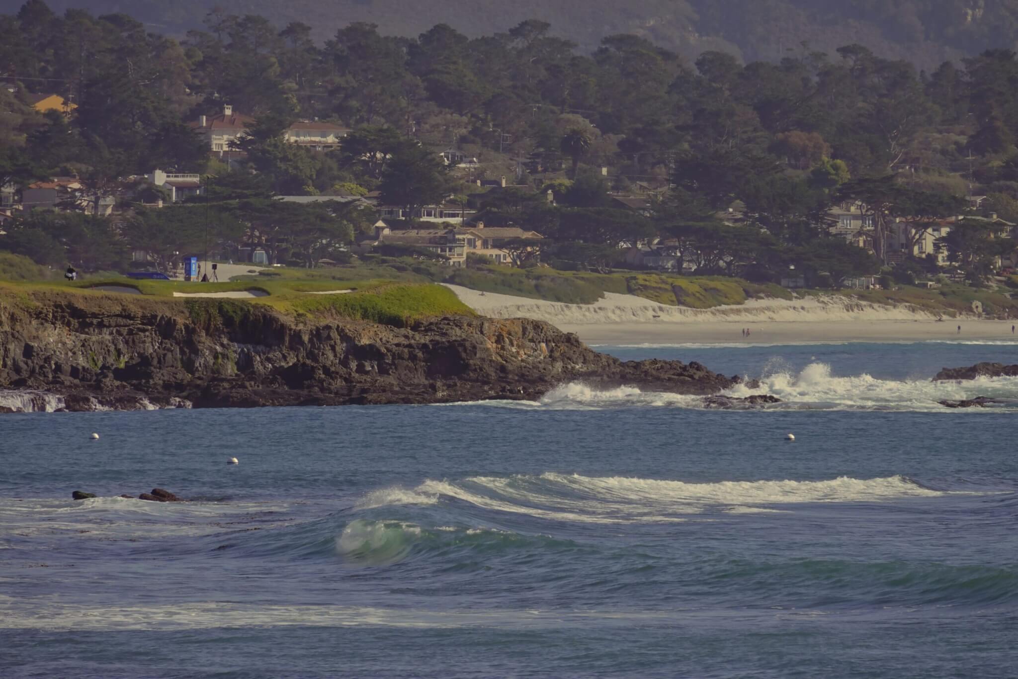 View to the 7th hole at Pebble Beach Golf Links and beyond to Carmel Beach during the 2023 AT&T Pro-Am.,  PGA Tour golf tournament