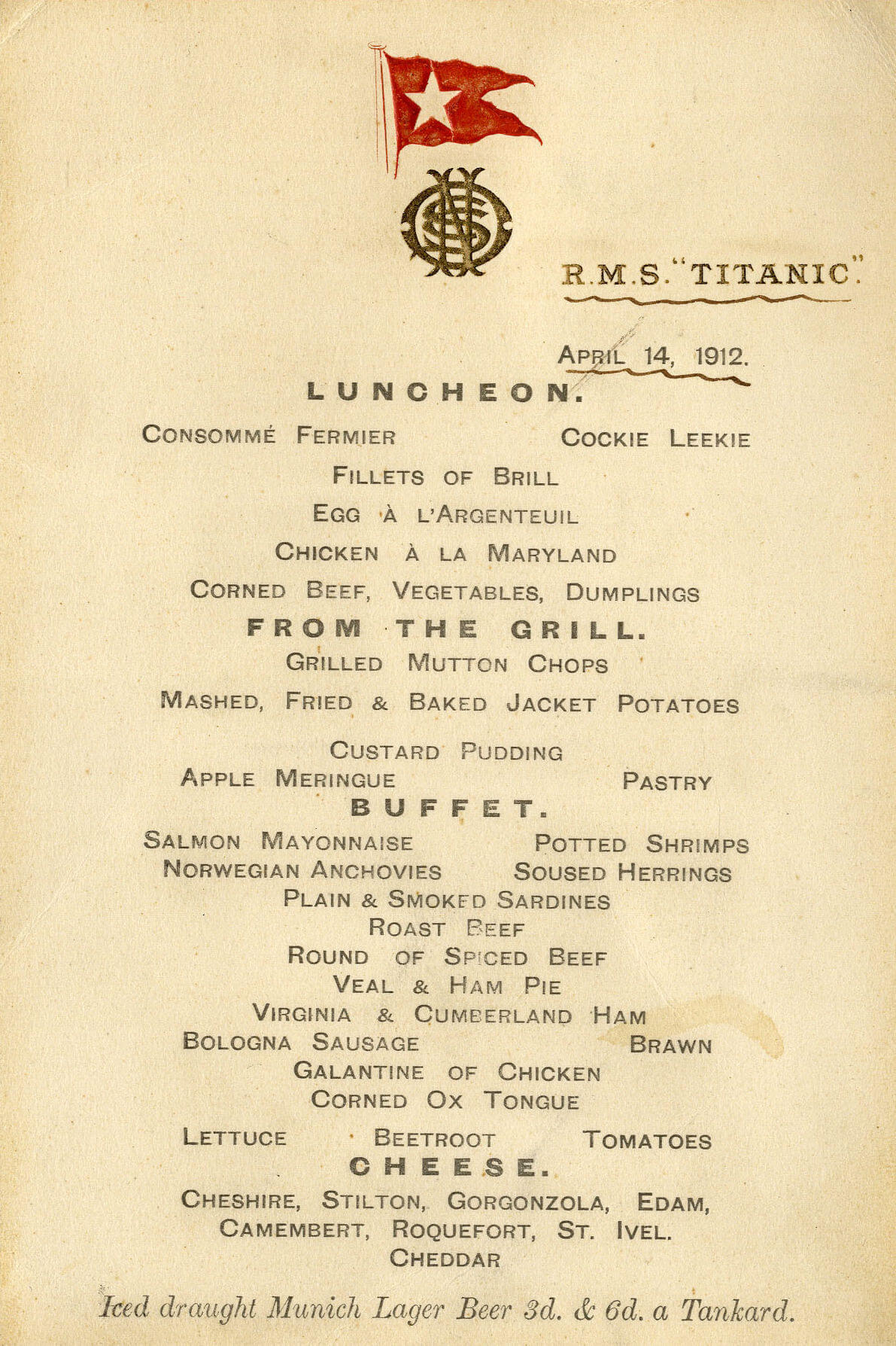 The Titanic luncheon card dates April 14, 1912