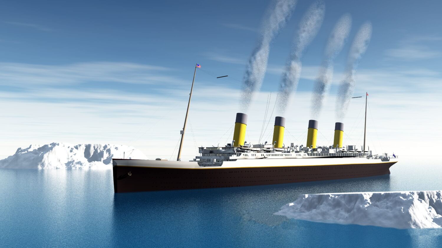 Famous Titanic ship floating among icebergs on the water by cloudy day - 3D render