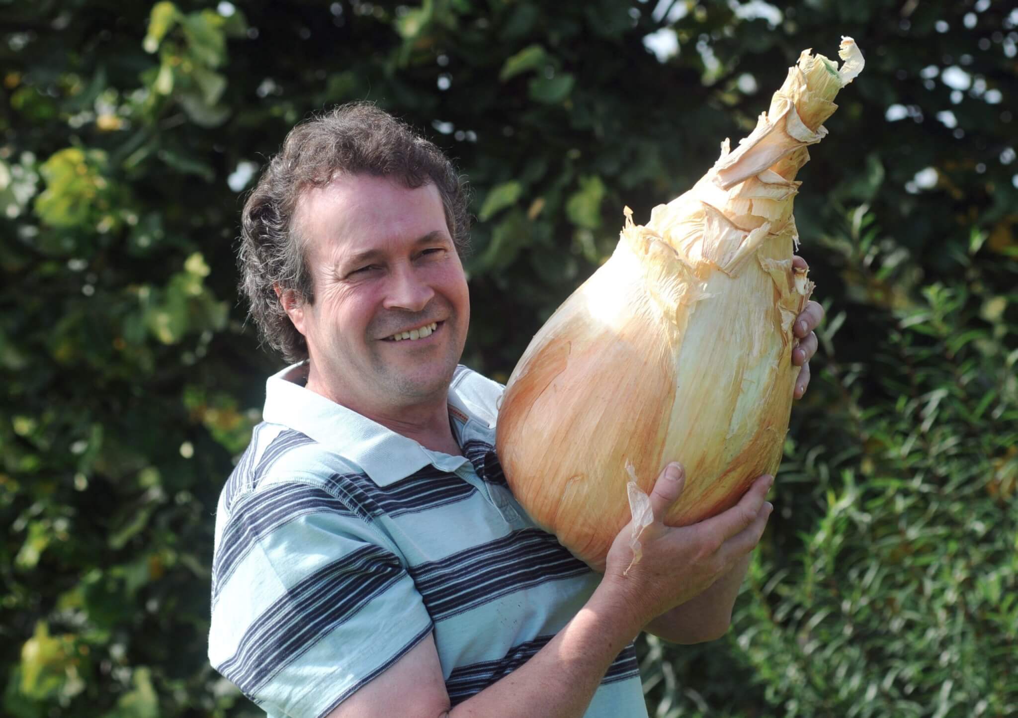Tony Glover of Short Heath, Derbyshire with his world record onion weighing 18 pounds 11.5 ounces