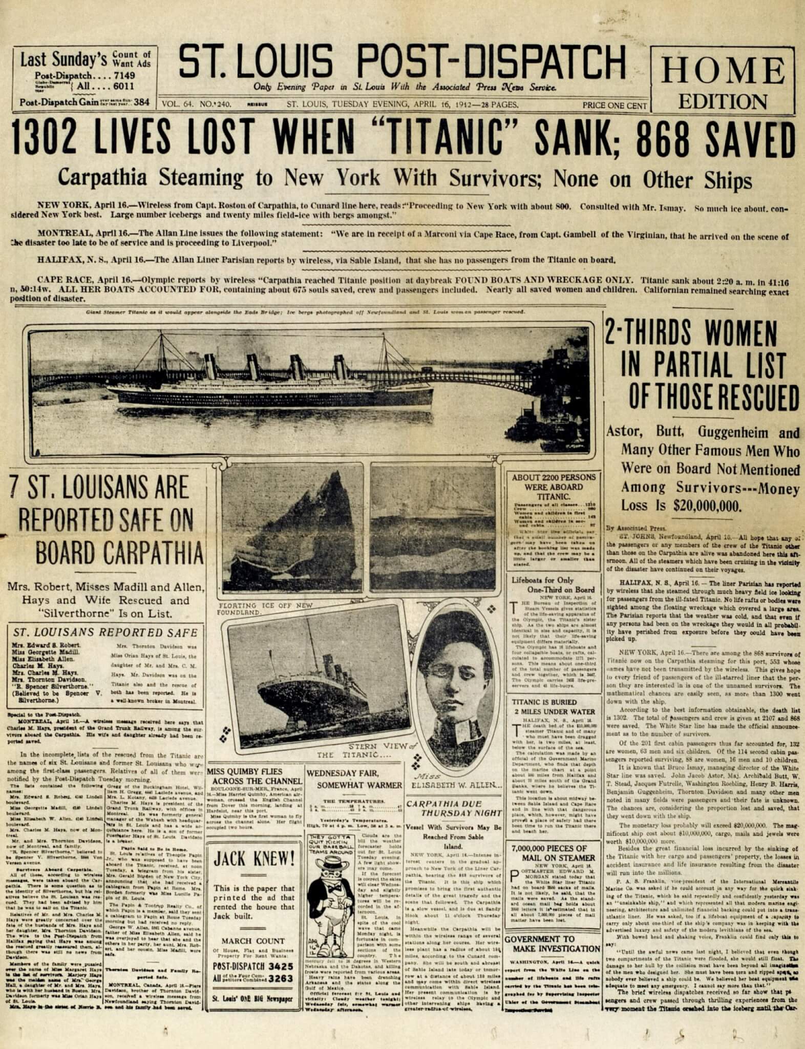 Front page of St Louis Post-Dispatch with news of Titanic shipwreck survivors, 16/04/1912