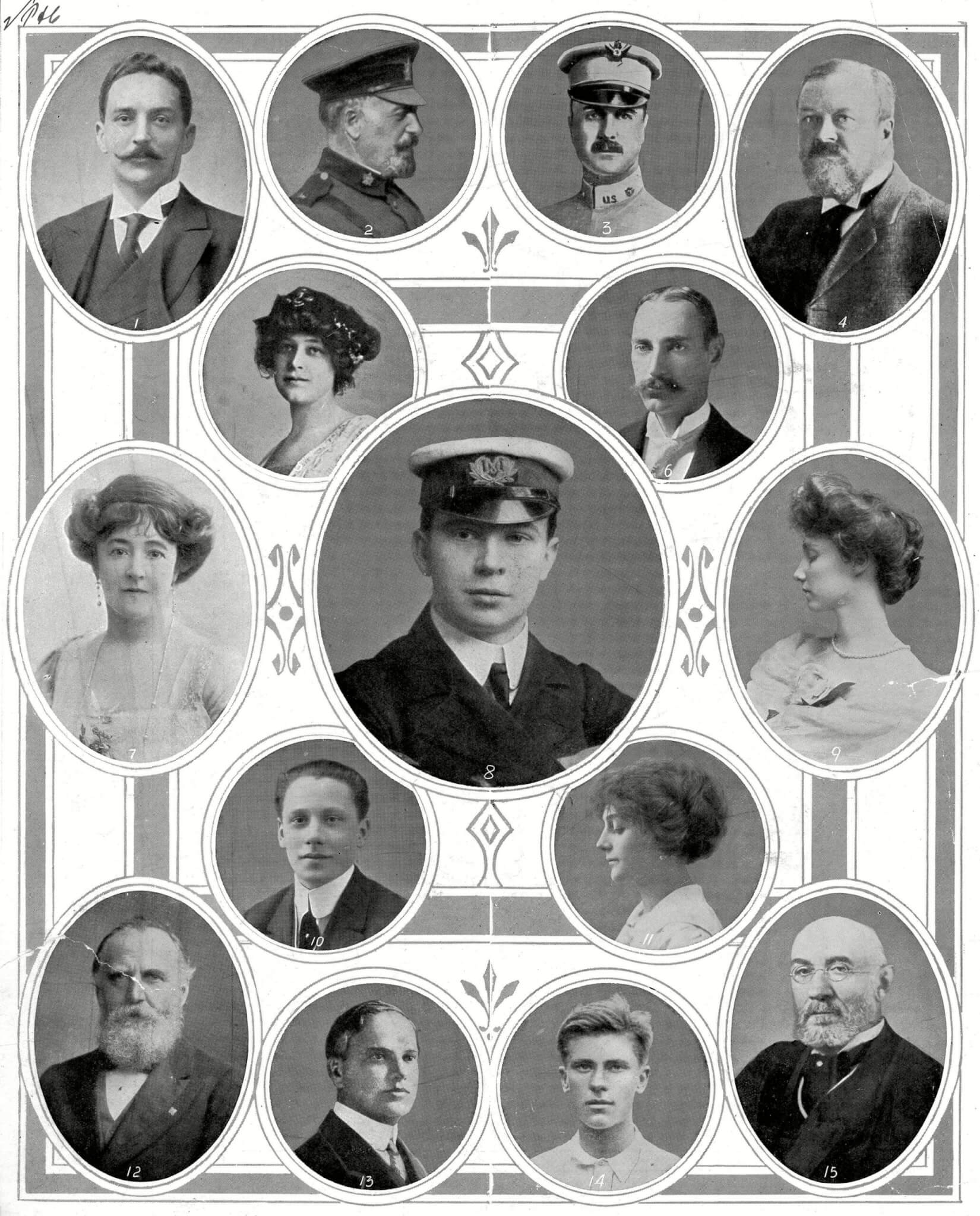 Notable Passengers On Board the Titanic: 1. Mr Bruce Ismay Chairman of the White Star Line Survivor. 2. Major A Peuchen of the Canadian Rifles Survivor. 3. Major A W Butt Aide-de-camp to President Taft. 4. Mr C M Hays President of the Grand Trunk Railway Died. 5. Mrs J J Astor Survivor. 6. Colonel J J Astor Multi-millionaire Died. 7. Lady Cosmo Duff-gordon Survivor. 8. Mr Jack Phillips Wireless Operator On the Titanic Died. 9. the Countess of Rothes Survivor. 10. Mr Daniel Marvin Son of the Head of A American Cinematograph Firm Died. 11. Mrs Daniel Marvin Survivor. 12. Mr W T Stead Journalist. 13. Mr Benjamin Guggenheim an American Banker and Multi-millionaire Died. 14. Mr Karl H Behr Lawn Tennis Player Survivor. 15. Mr Isidor Straus A Member of Congress and A Multi Millionaire Banker. the Illustrated London News. 20th April 1912. Main Pic. by N/a.