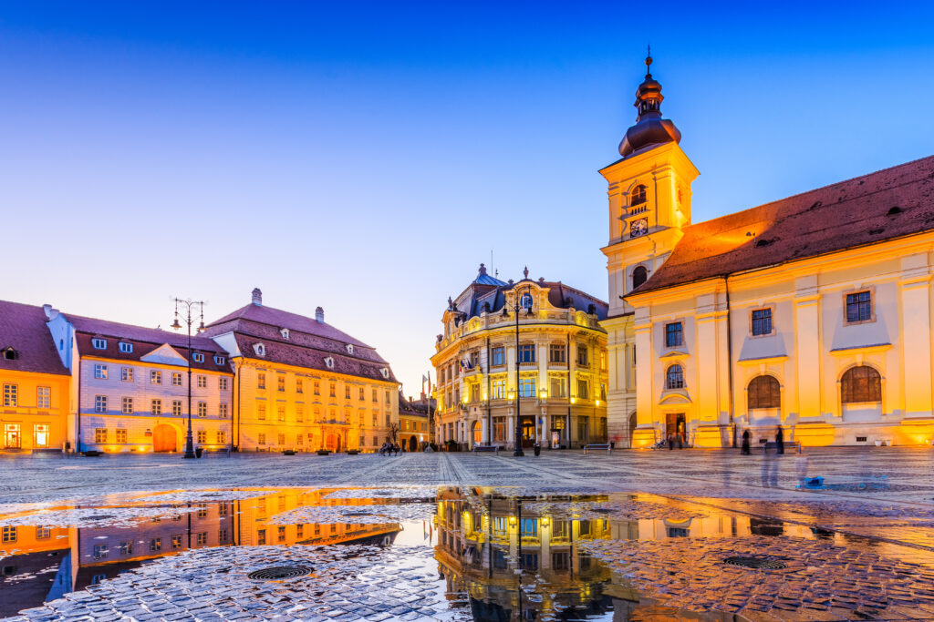 Sibiu, Romania. City Hall and Brukenthal palace in Transylvania.