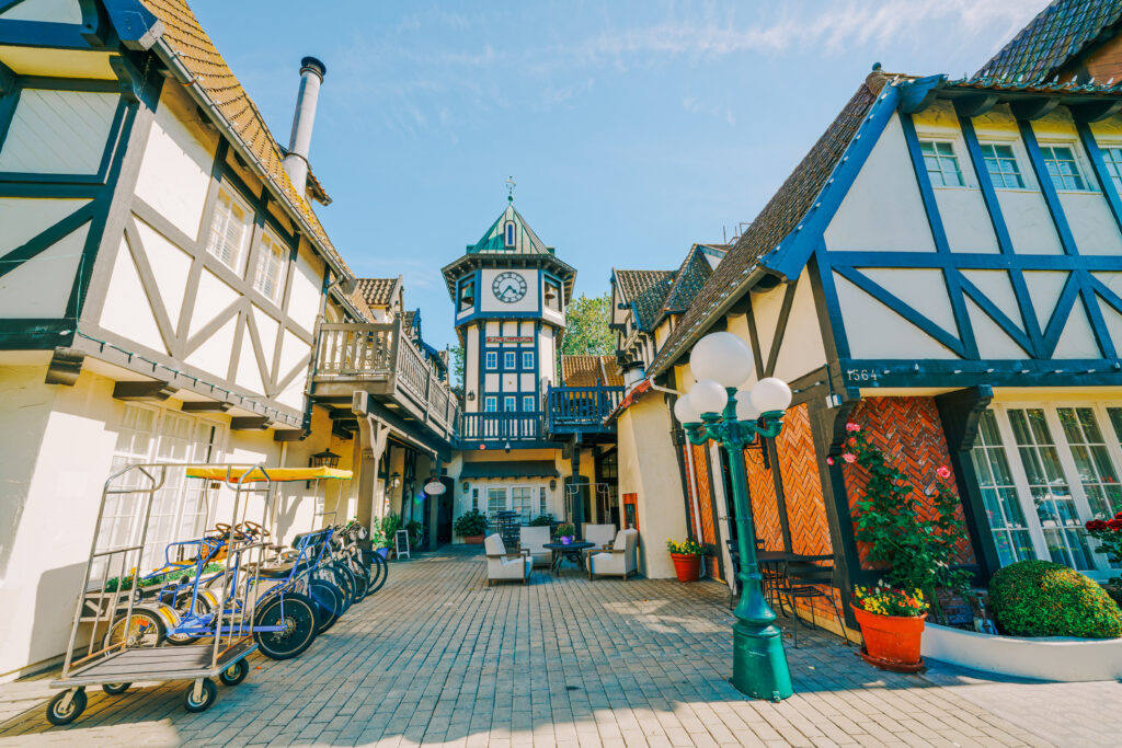 Tivoli Square Clock Tower in Solvang, a City in Southern California's Santa Ynez Valley. The city has known for its traditional Danish style architecture