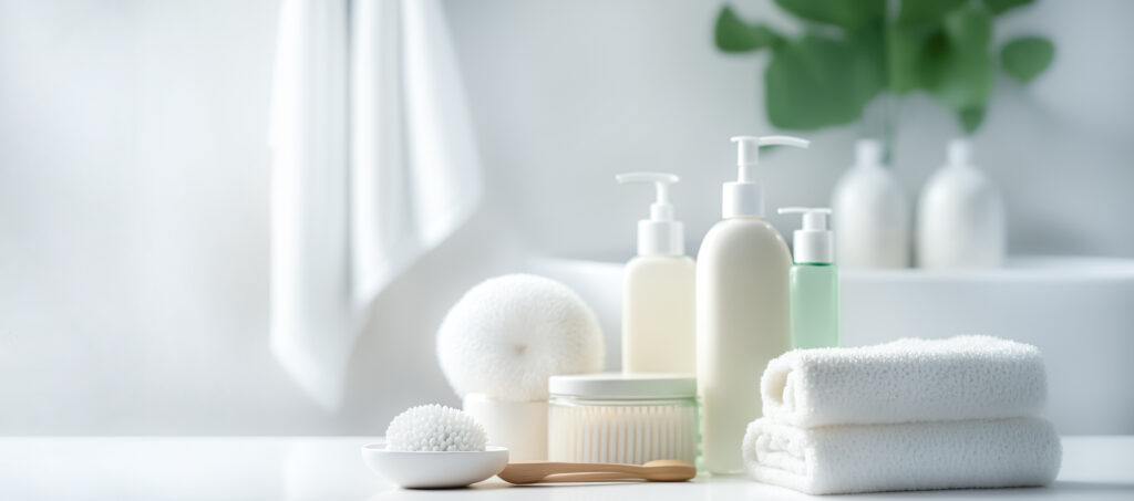 Toiletries, soap, towel on blurred white bathroom spa background. with copy space. digital art