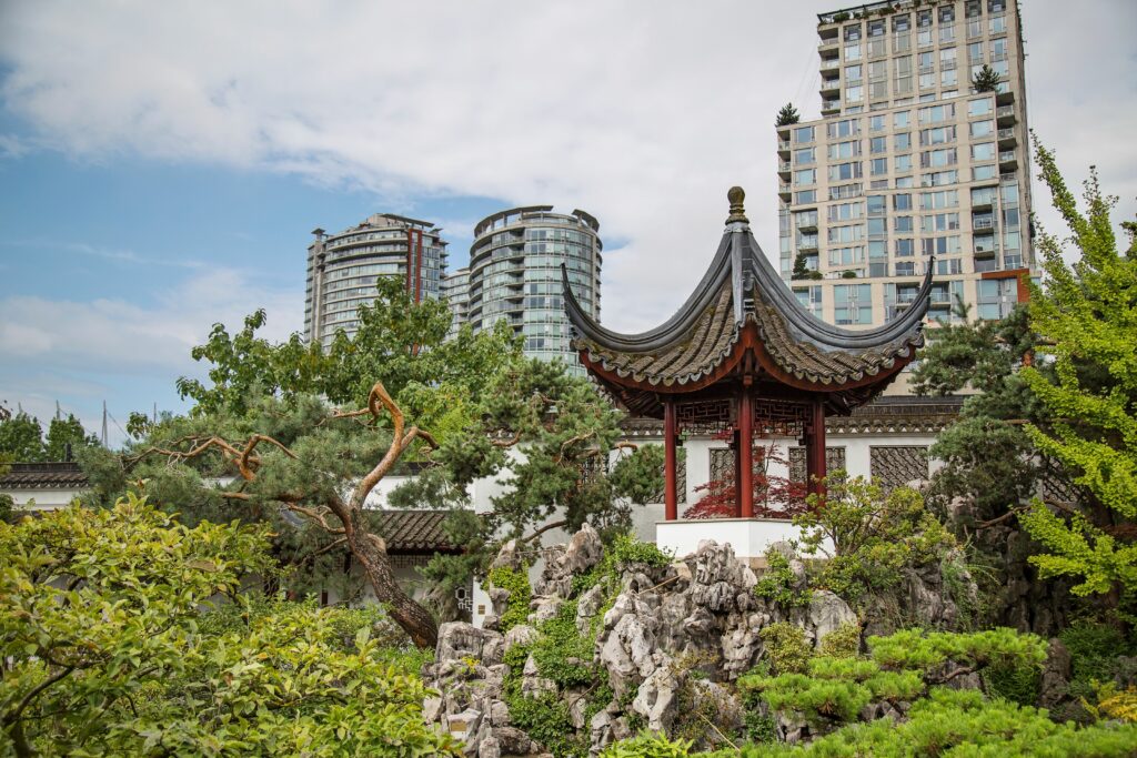 Traditional Chinese buildings at Dr. Sun Yat-Sen Classical Chinese Garden, Vancouver, BC, Canada