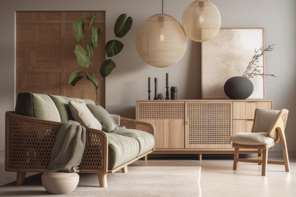 Trendy minimalistic japandi modern interior living room in beige tones. Photorealistic illustration generative AI.