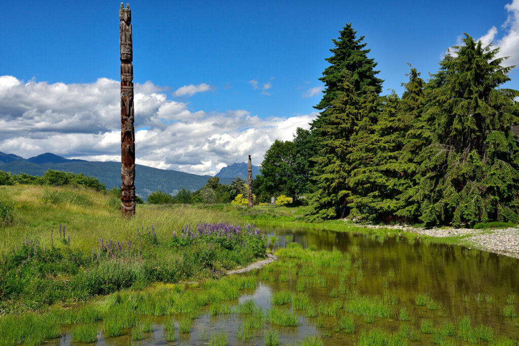 VANCOUVER, BC, CANADA, JUNE 03, 2019: First Nations totem poles in Museum of Anthropology at the University of British Columbia UBC campus in Vancouver