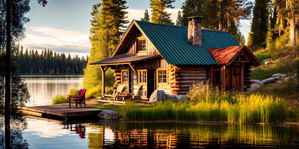 Wood cabin on the lake - log cabin surrounded by trees, mountains, and water in natural landscapes