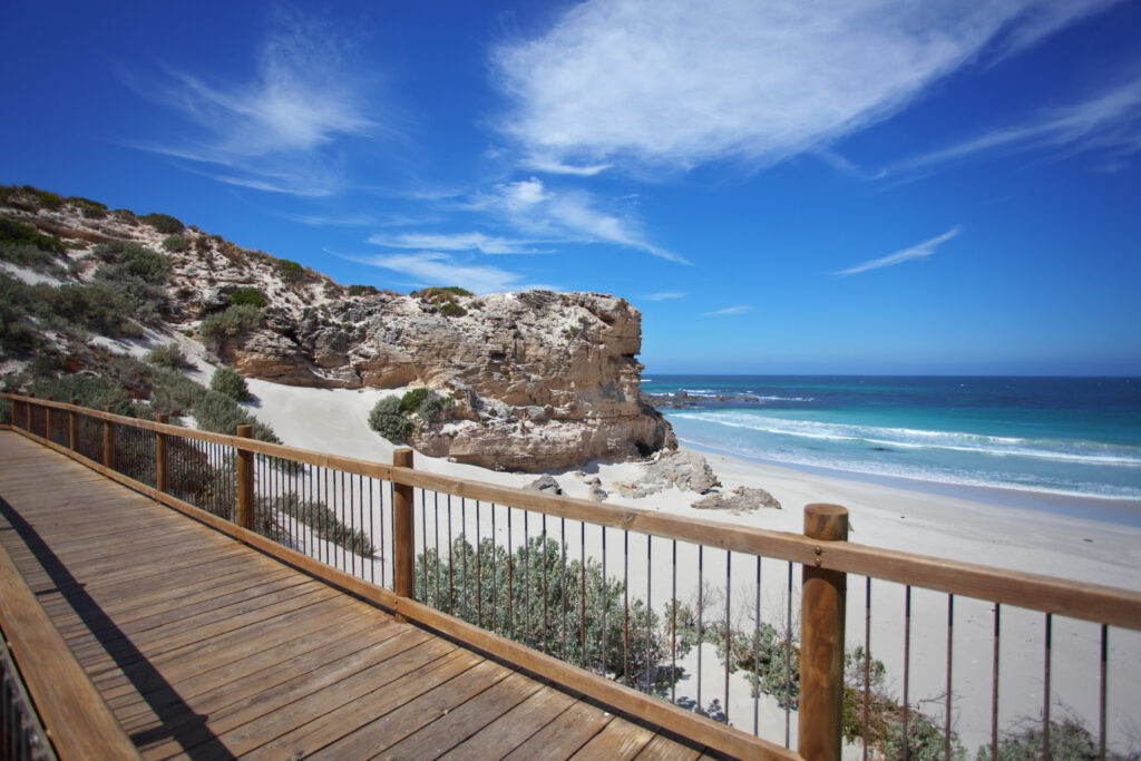 Wooden boardwalk on the beach. Seal Bay, Kangaroo Island, South Australia.