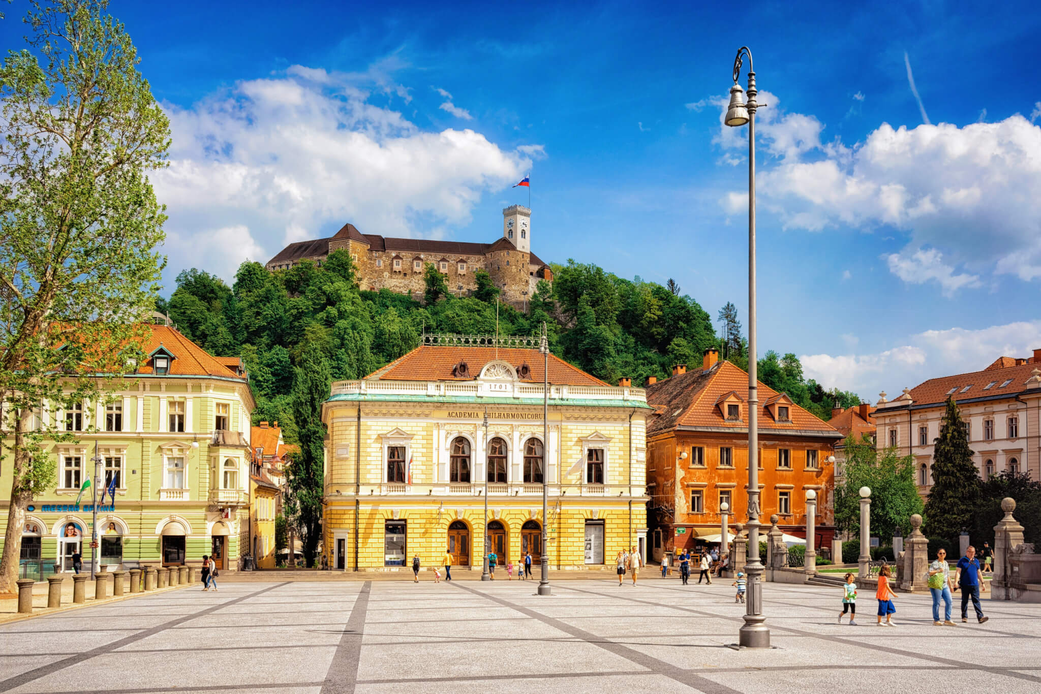 Academia Philarmonic on Congress square and Old castle Ljubljana Slovenia