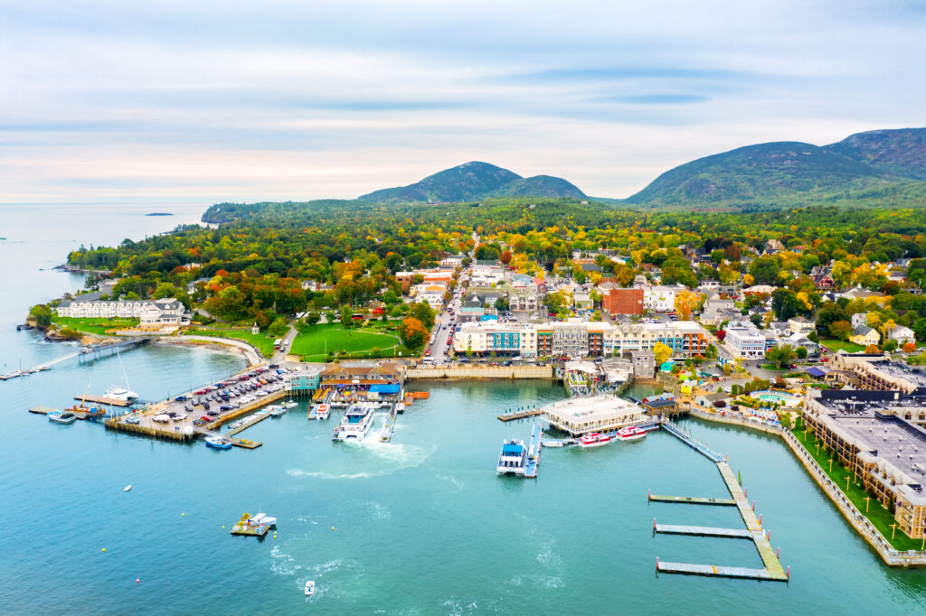 Aerial view of Bar Harbor, Maine. Bar Harbor is a town on Mount Desert Island in Hancock County, Maine and a popular tourist destination.