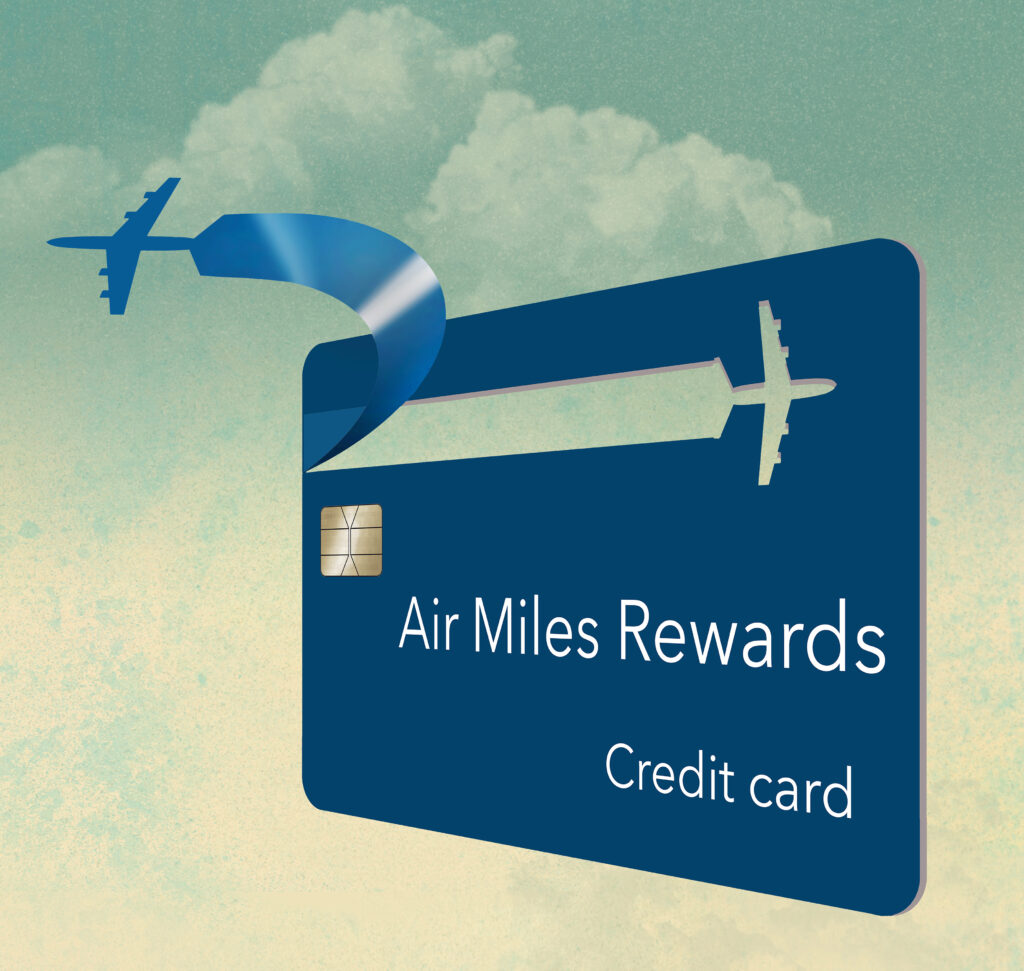 An airliiner peels off from the design on a generic air rewards credit card in a 3-d illustration about airline perks and free travel miles for using the right credit card.