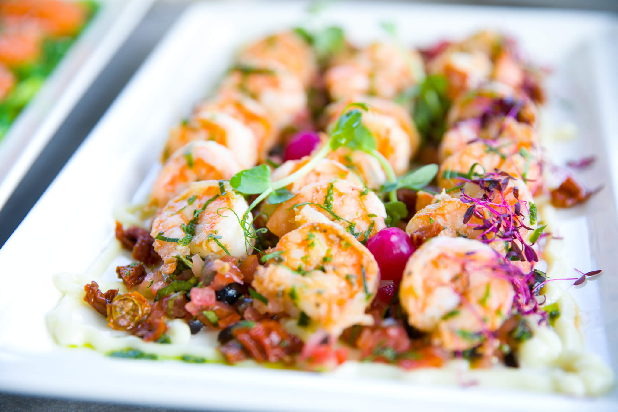 Banquet dish of fried shrimps with herbs