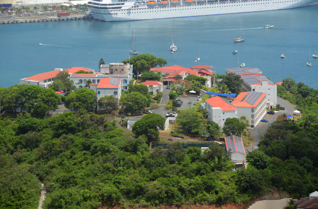 Blackbeard's Castle is on top of Government Hill at Town of Charlotte Amalie, Saint Thomas Island, US Virgin Islands