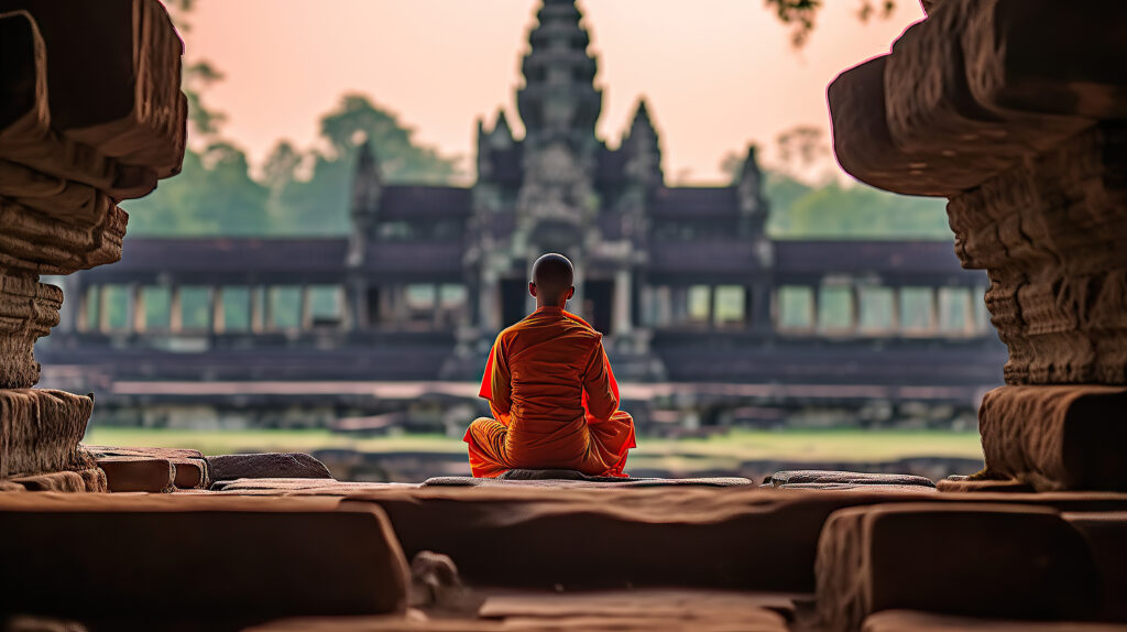 Buddhist monk meditating in front of Pura Besakih temple in Bali, Indonesia. Generative AI.