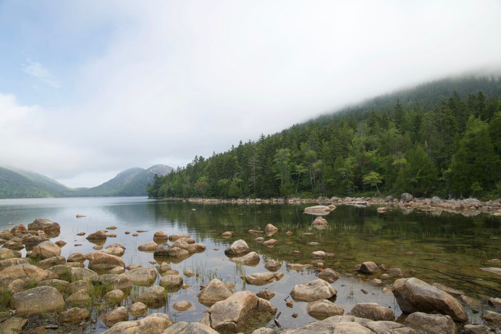It was our first trip to Acadia National Park.  We took a hike around Jordan Pond and straight up the Bubbles, that you can see on the left of the picture.  It was a beautiful overcast day with a light breeze that kept us cool for the whole hike.  The views down on Jordan Pond from the Bubbles were amazing.