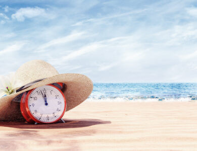 Last minute travel offer with alarm clock on the beach, Summertime background 3D Rendering