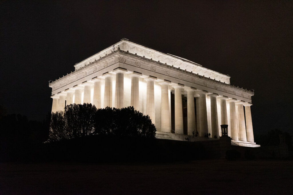 Lincoln memorial at night at an angle