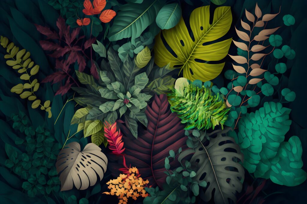 Monstera colorful leaves background. Tropical plants full of colors. Botanical gardening to decorate spaces plentry of vibrant life. 3D rendering of Lush tropical leaves background, Generative AI