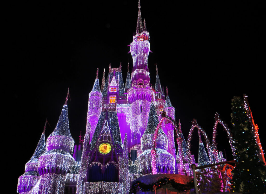 Pink white and purple light up disneyland castle