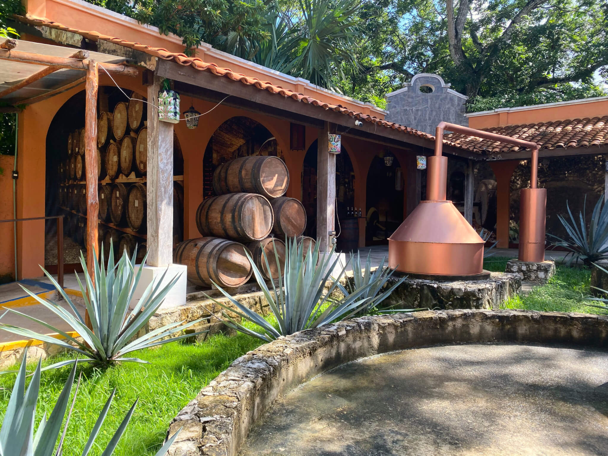 Production of tequila in Mexico. Old factory for the production of tequila. Side view of the barrels of alcohol in the yard of the factory. Concept of tourism and traditions.