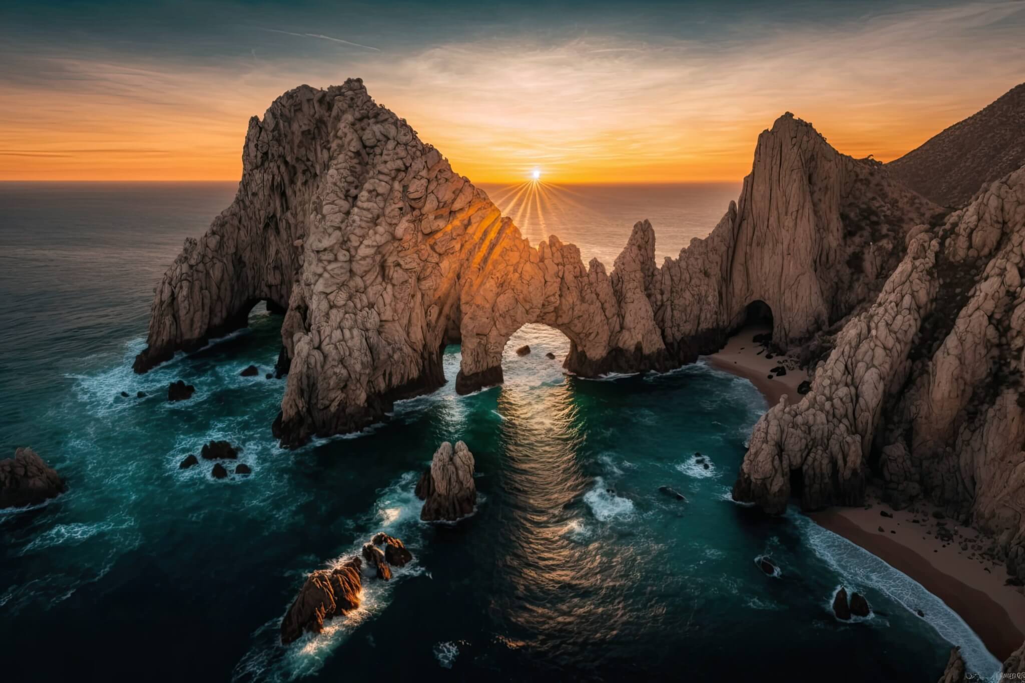 Sunset aerial photo of the Cabo San Lucas Arch taken in Land's End, Baja California Sur. Generative AI