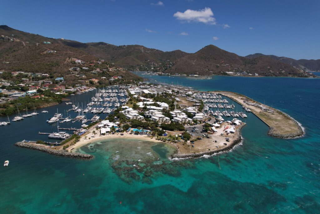 The Tortola island marina in the British Virgin Islands sky view