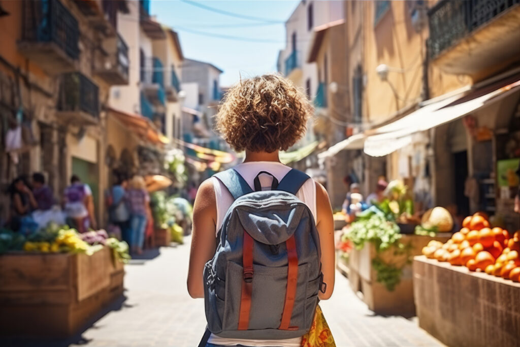 Traveler girl in street of old town in Spain. Young backpacker tourist in solo travel. Vacation, holiday, trip