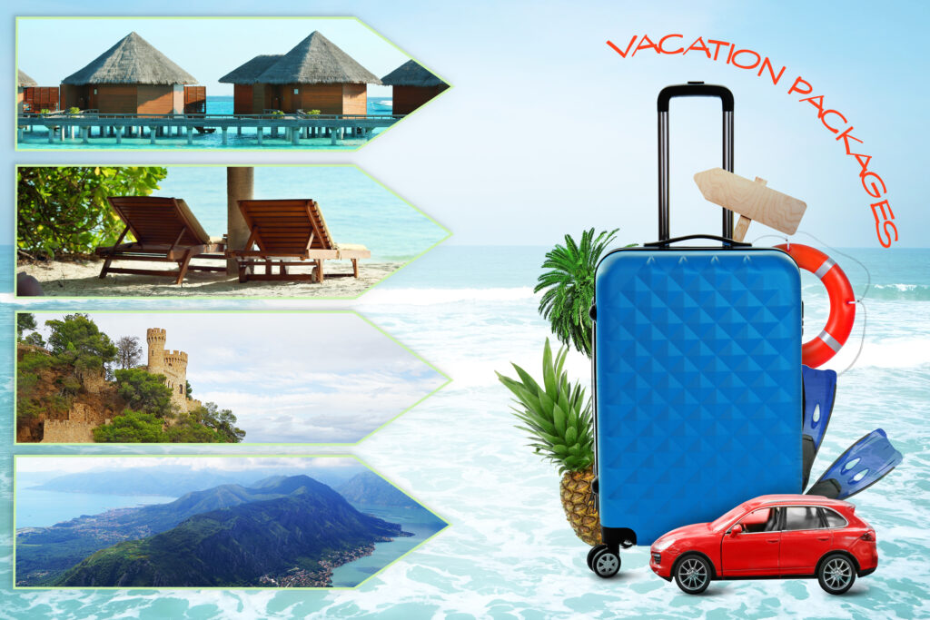 Vacation packages concept. Collage for travel theme
