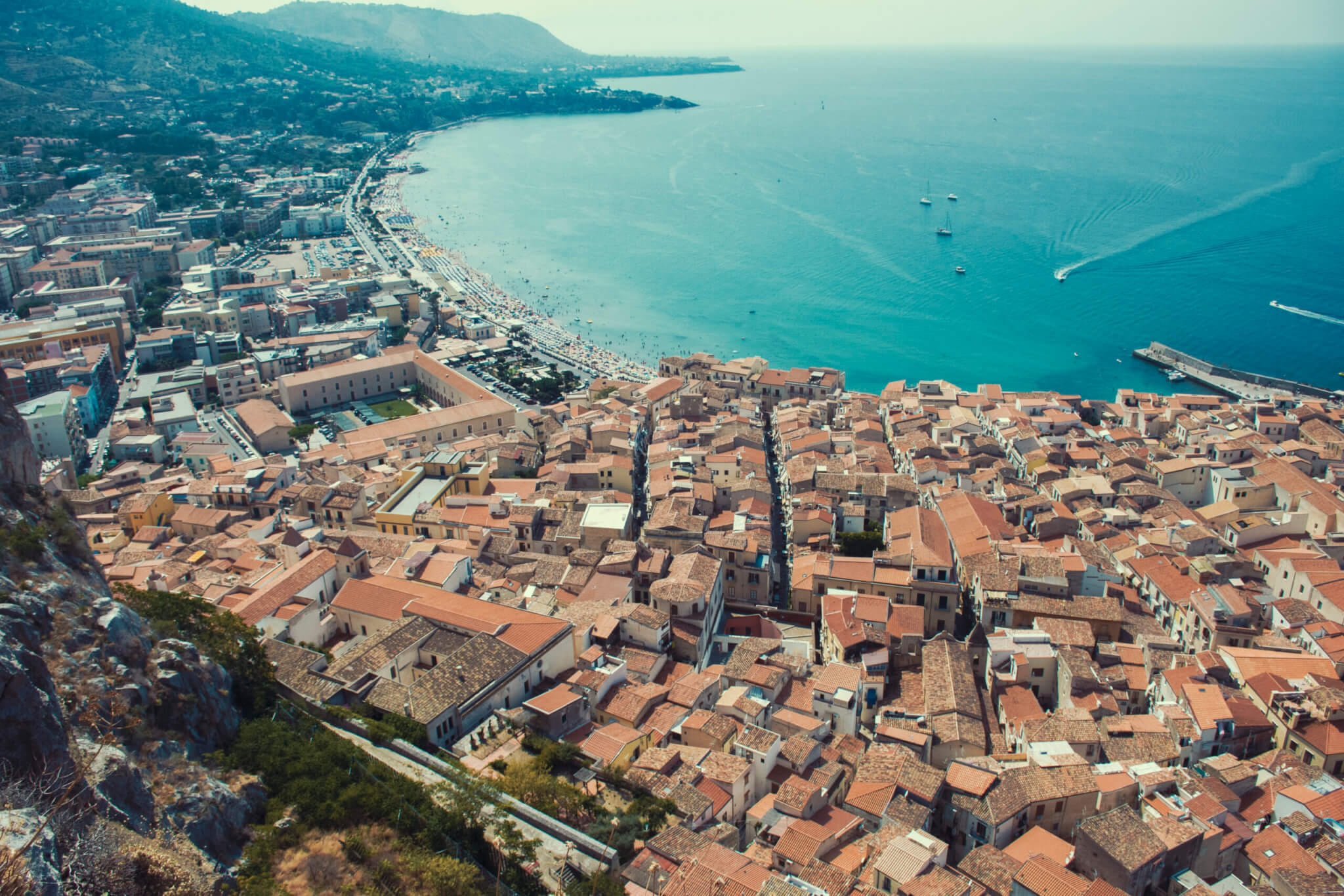 Drone shot of the city of cefalu in sicily italy