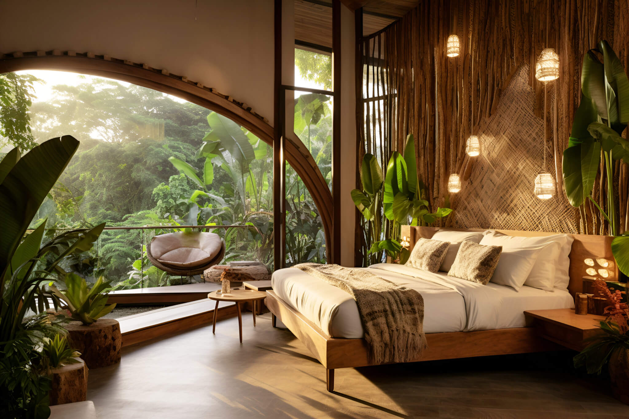 Eco-lodge hotel interior with tropical forest view, creating a serene and relaxing ambiance, surrounded by the nature