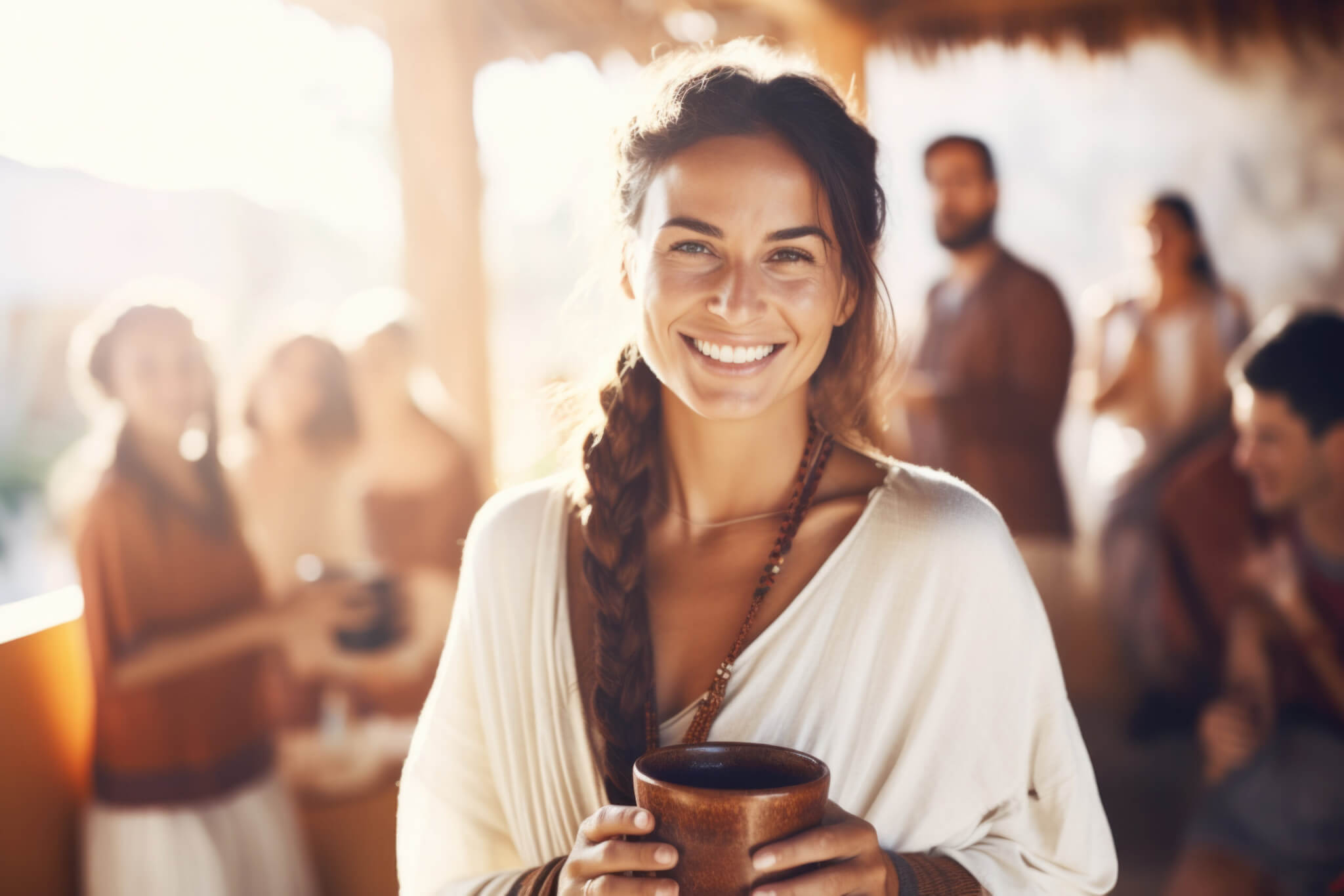 Portrait of a happy and smiling yoga teacher on Ibiza island, holding cacao drink in ceramic cup. Blurred people in the background