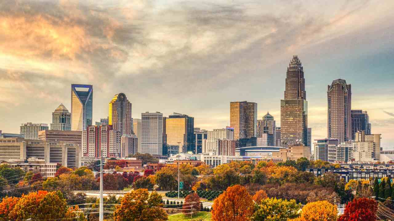 the skyline of charlotte, nc, in the fall