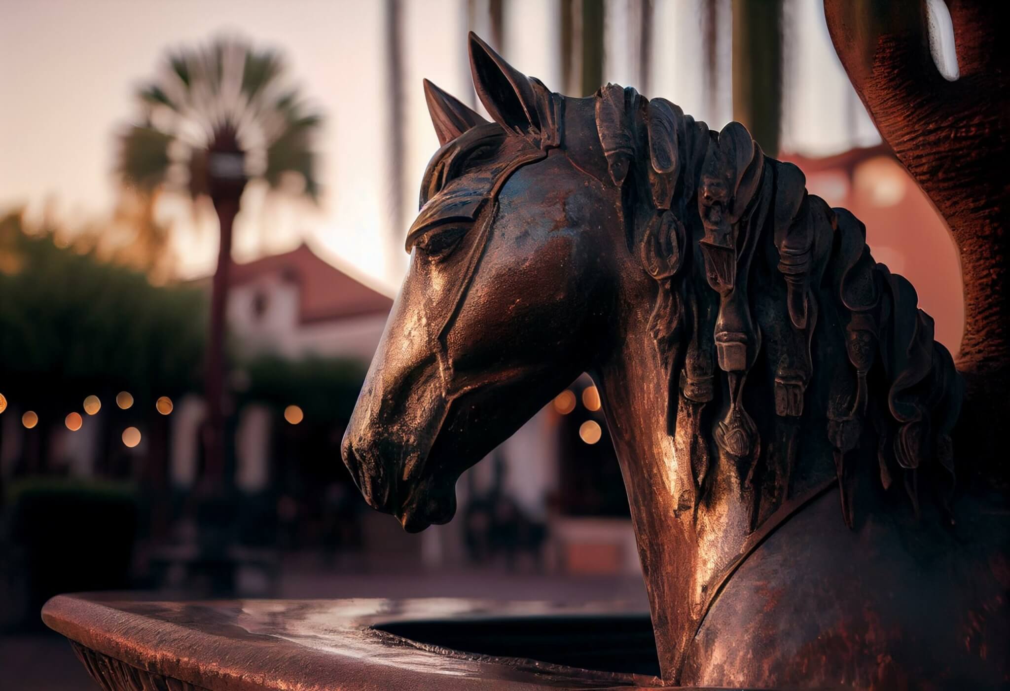 A bronze horse fountain situated in a central square in Old Town Scottsdale, Arizona. Generative AI