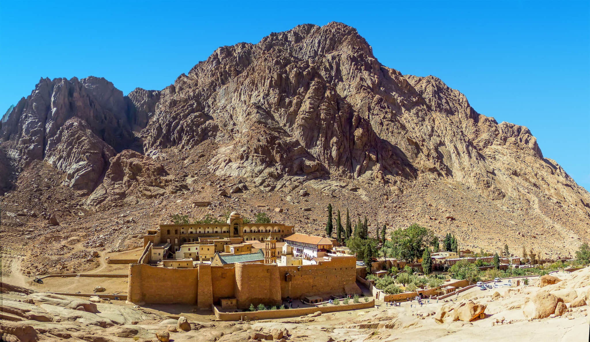 A panorama view of  Mount Sinai, Egypt and Saint Catherine's Monastery at the base of the mountain in summertime
