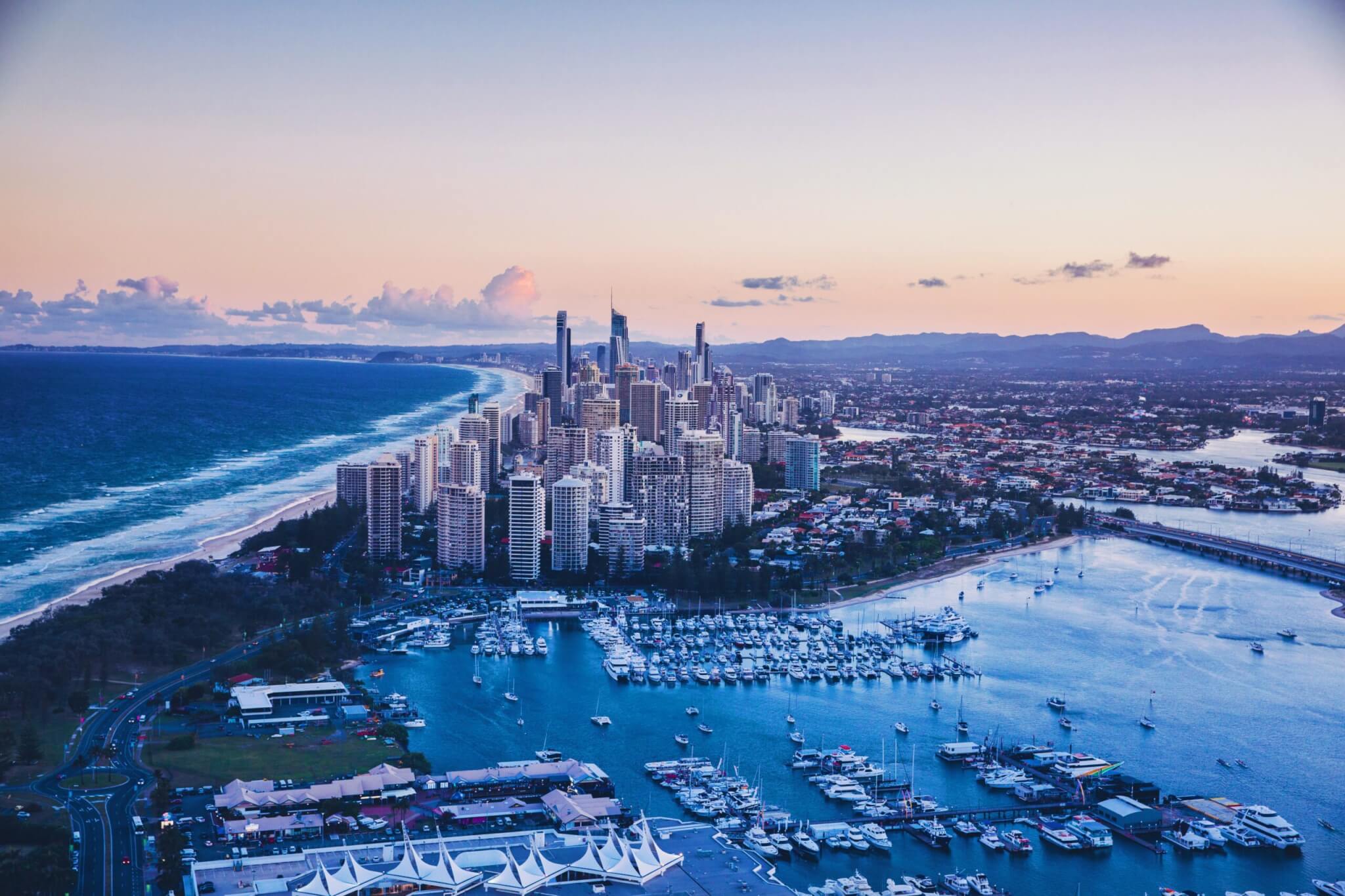 Aerial of Surfers Paradise, looking south at dusk.