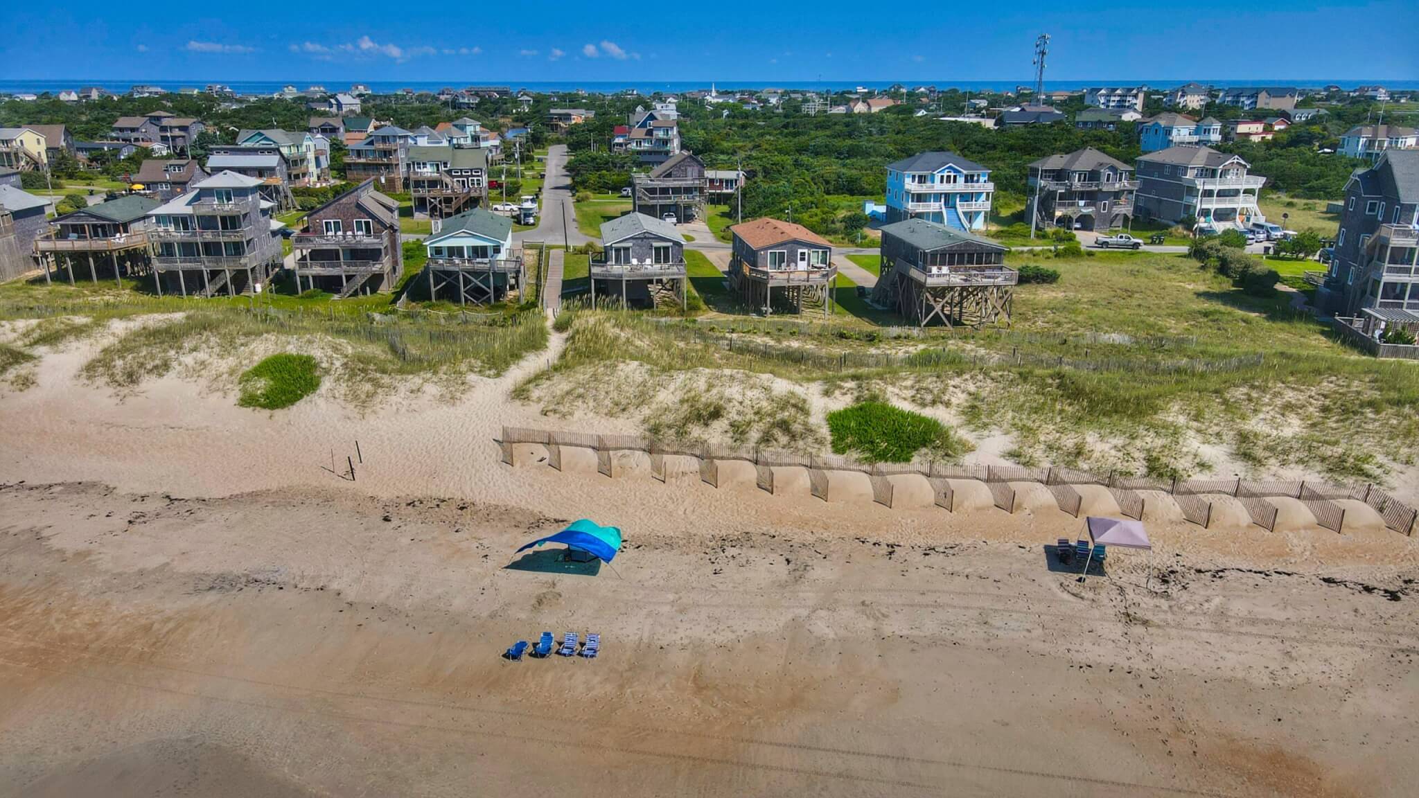 Bird's eye view of the beach on Hatteras Island facing the Atlantic Ocean on the Outer Banks of North Carolina.