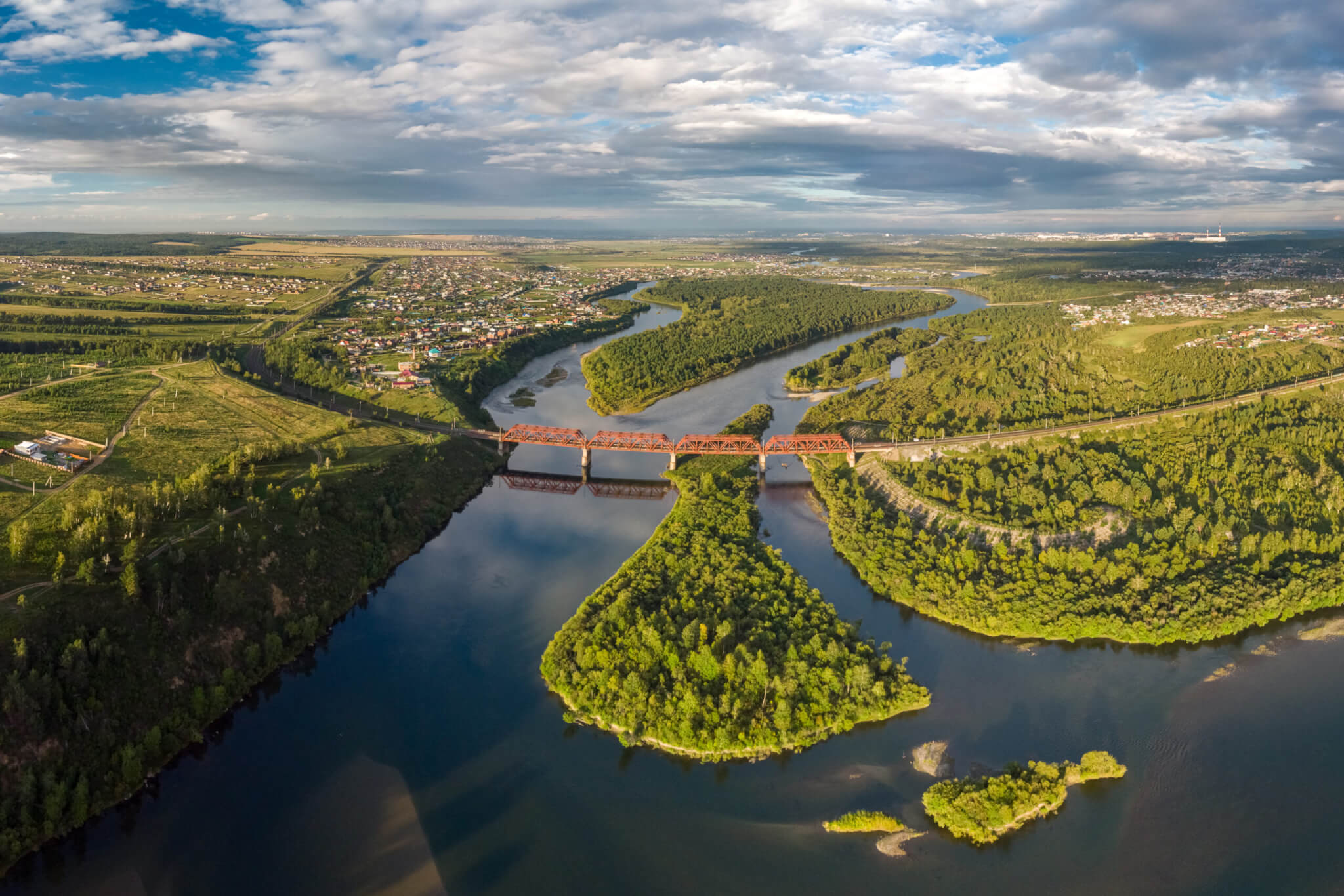 Bridge over the Irkut River on the Trans-Siberian Railway. Aerial view