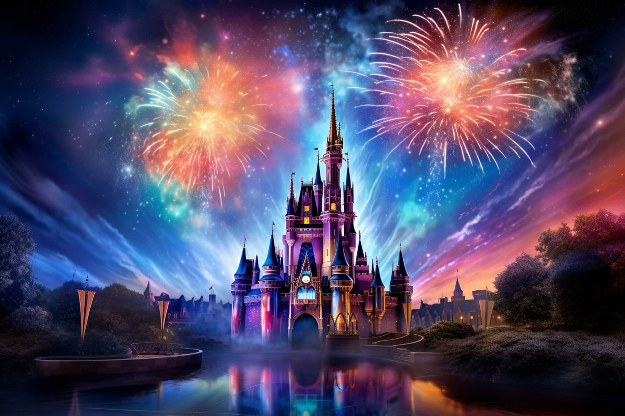 Colorful pyrotechnics display illuminating the night sky of Disney world's magical kingdom. Generative AI