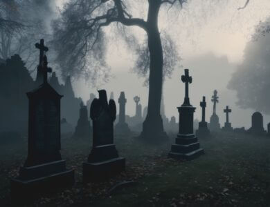 Discover the chilling atmosphere of a scary cemetery shrouded in mist. Great for ghost tours and paranormal investigations, offering a supernatural experience..