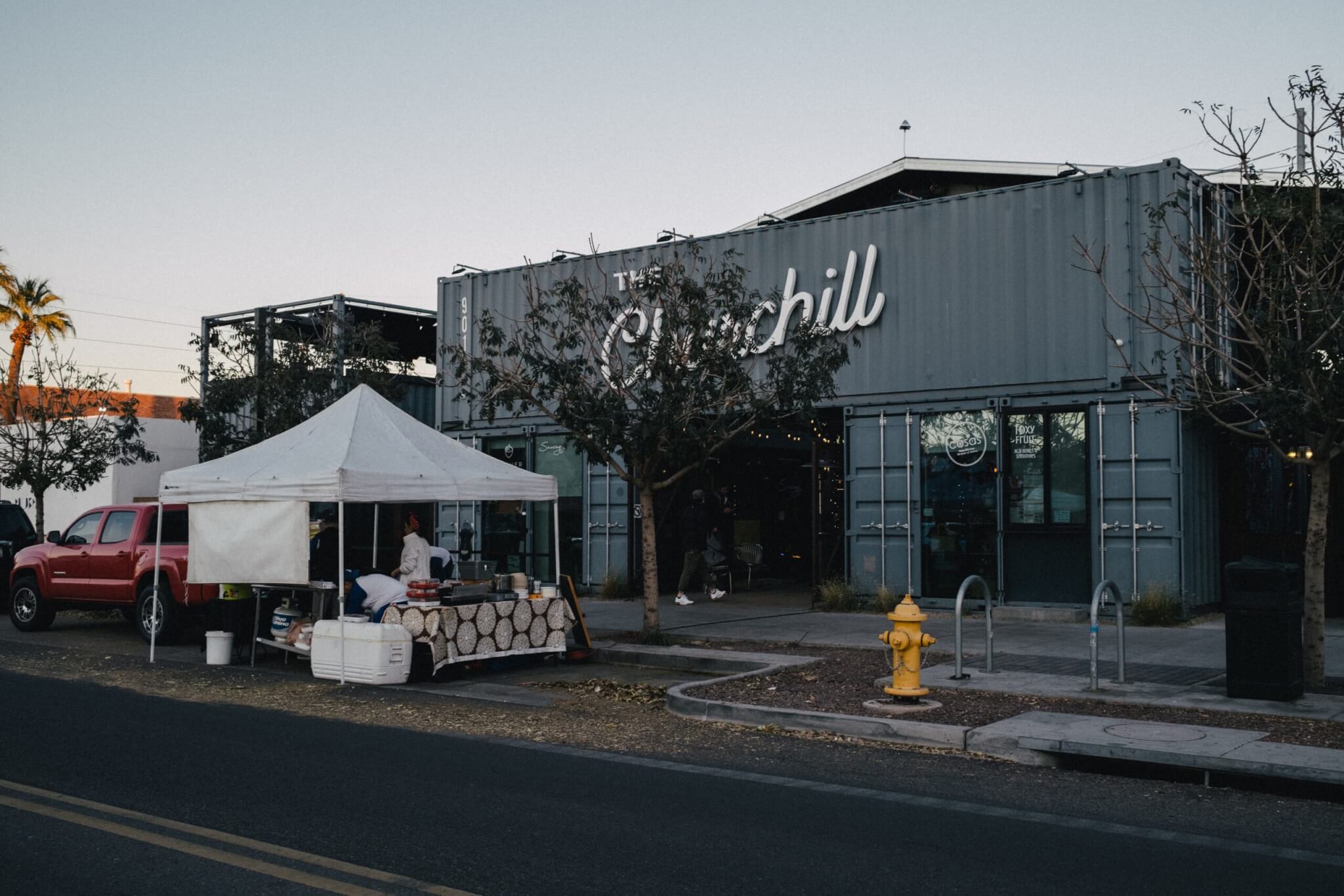 Food vendors setting up for dinner outside the Churchill in the Evans Churchill Neighborhood of Downtown Phoenix.