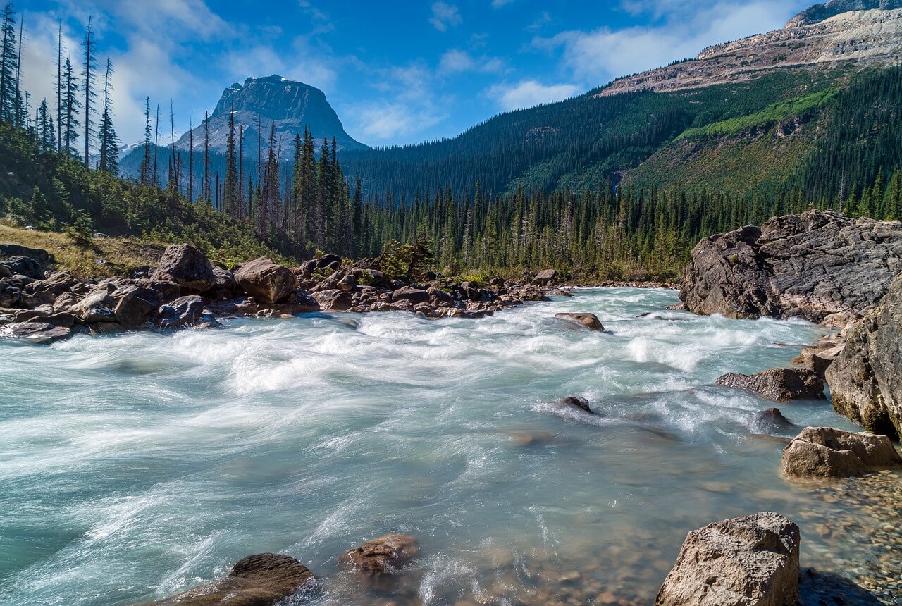 river, trees, mountains